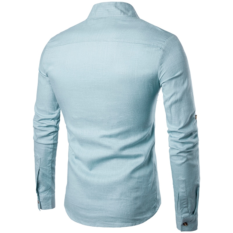 2019 Men casual Shirt long sleeve Mandarin Collar shirts solid color Traditional Chinese Style shirt Cotton Blended plus size