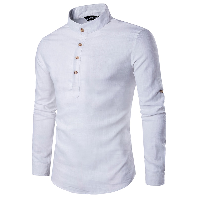 2019 Men casual Shirt long sleeve Mandarin Collar shirts solid color Traditional Chinese Style shirt Cotton Blended plus size