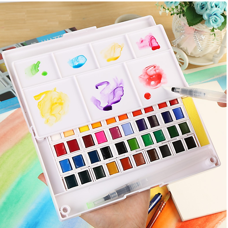 Solid Bright Pigment Watercolor Painting Set With Paintbrush