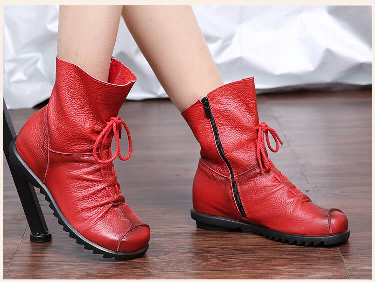 2019 Vintage Style Genuine Leather Women Boots Flat Booties Soft Cowhide Women's Shoes Front Zip Ankle Boots zapatos mujer