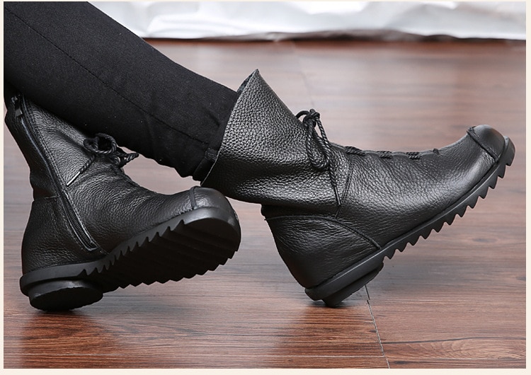 2019 Vintage Style Genuine Leather Women Boots Flat Booties Soft Cowhide Women's Shoes Front Zip Ankle Boots zapatos mujer