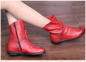 Vintage Style Genuine Leather Flat Soft Cowhide Front Zip Ankle Boots for Women