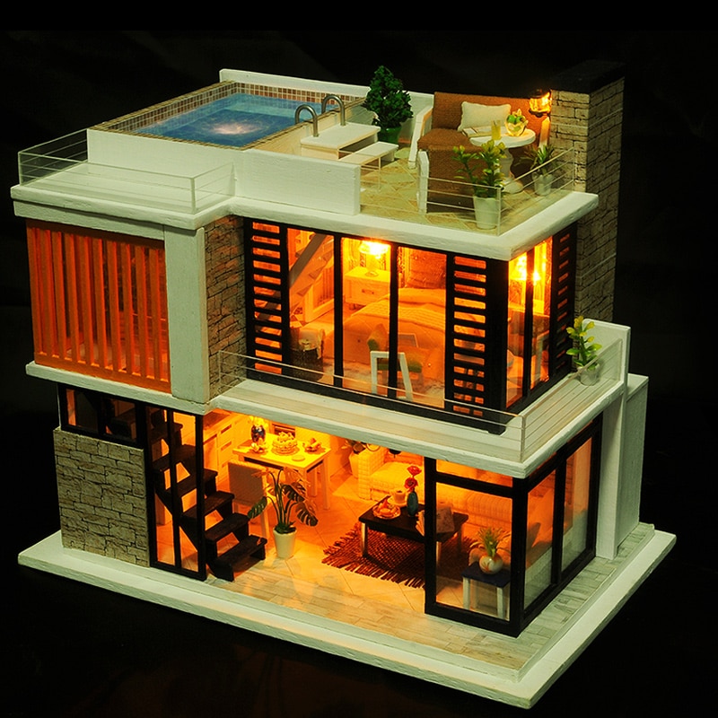 Stylish Wooden Dollhouse Miniature Box Puzzle 3D