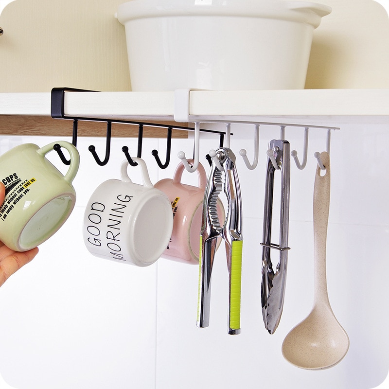 Black/White Iron 6 Hooks Cup Holder Hanging Bathroom Hanger Kitchen Organizer Cabinet Door Shelf Removed Storage Rack Home Decor