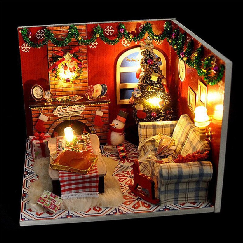 Wooden Puzzle Miniature Dollhouse with Christmas Furniture