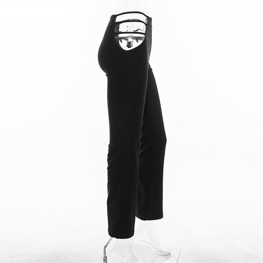 Macheda 2018 Women Black Sexy Cut Out Holes Pants Slim Fitness Sweat Pants Flare Hollow Out Trousers Streetwear Capris Pant